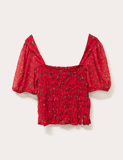 Blouse manches courtes smockée blanc femme
