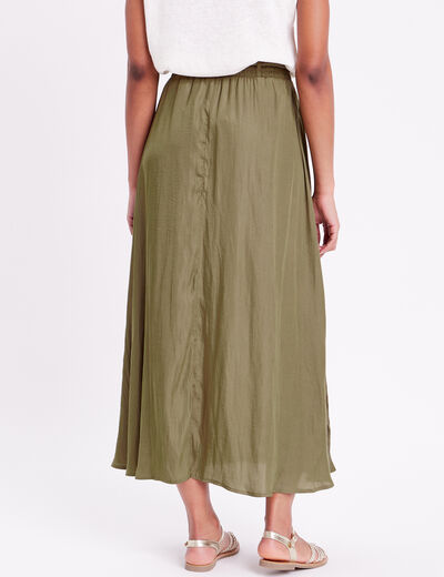 Jupe longue évasée satin vert kaki femme
