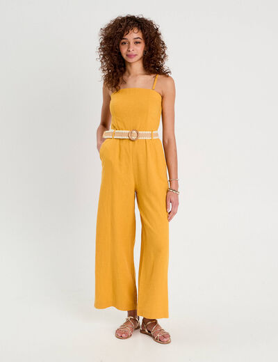 Combinaison pantalon bretelles avec lin jaune citron femme