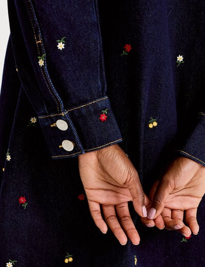 Robe courte &eacute;vas&eacute;e en jean brod&eacute;e bleu marine femme