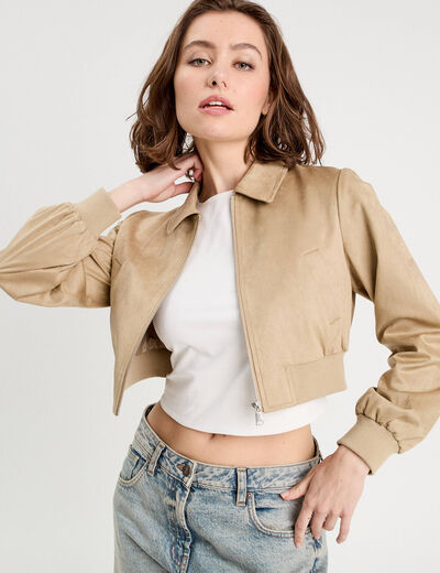 Veste courte zippée suédine beige femme