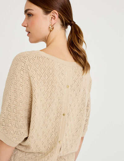 Pull ajour&eacute; col v manches courtes beige femme
