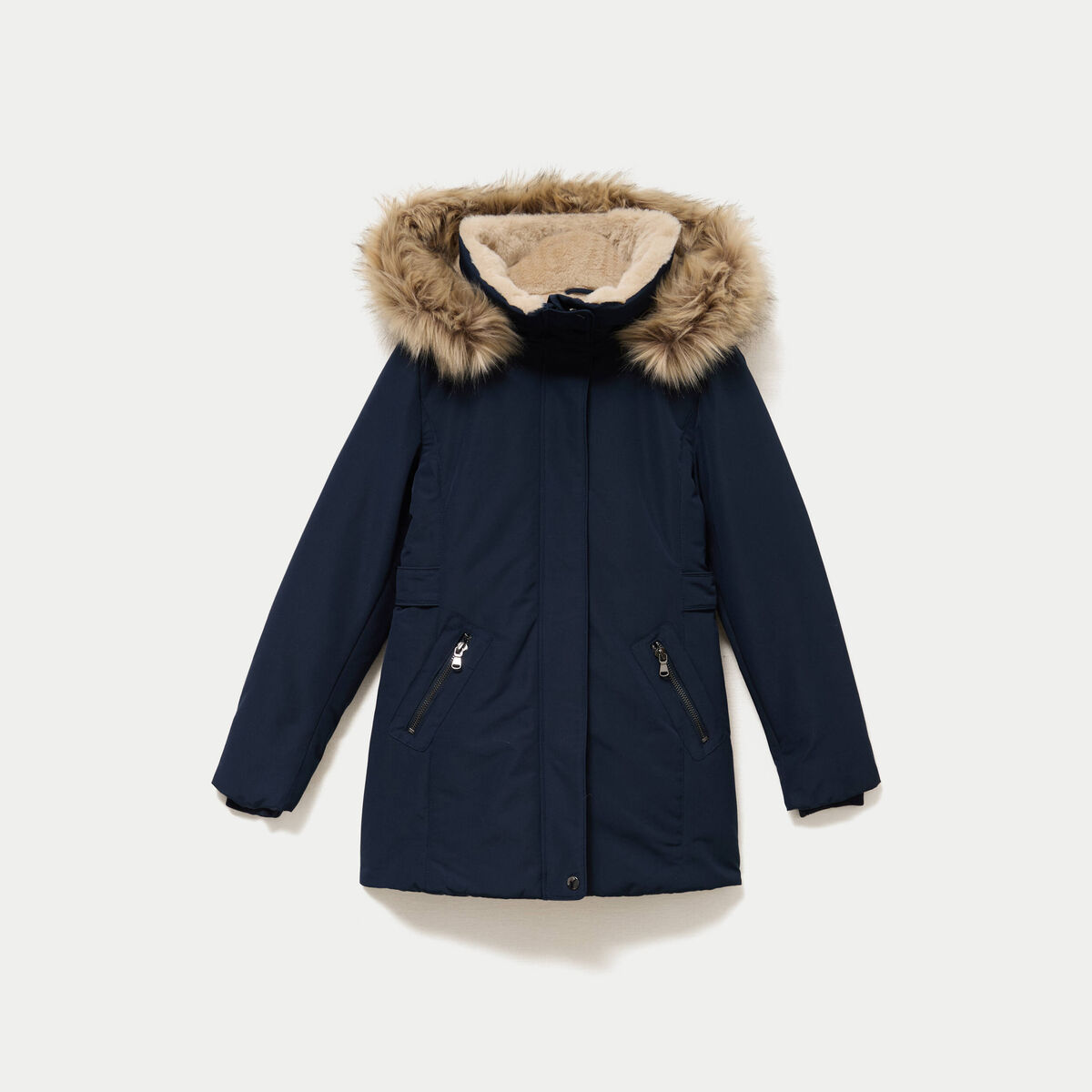 Parka &agrave; capuche fausse fourrure bleu marine femme