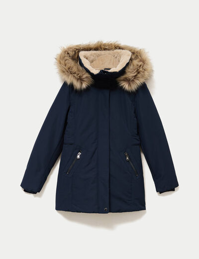 Parka &agrave; capuche fausse fourrure bleu marine femme