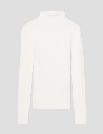 Pull col roulé côtelé ecru femme