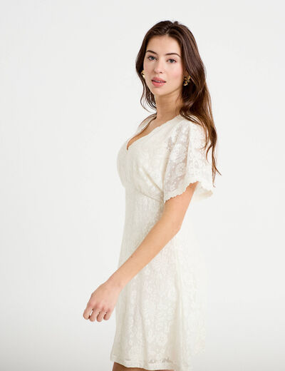Robe courte &eacute;vas&eacute;e col v dentelle ecru femme