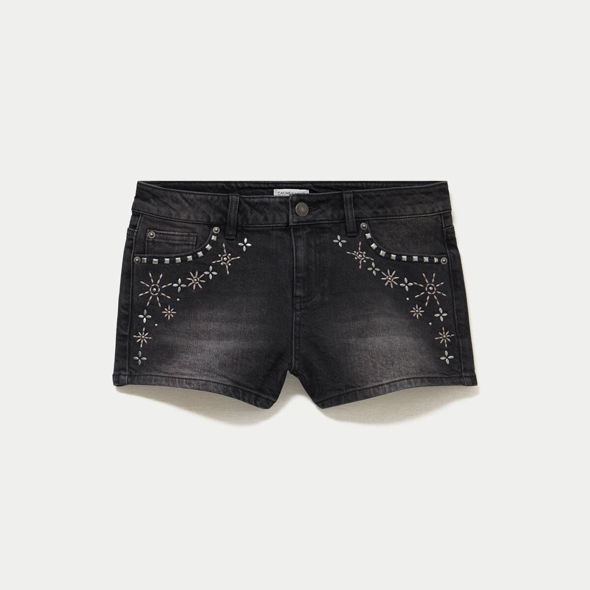 Short en jean avec broderie denim noir femme