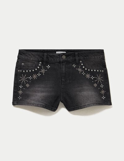 Short en jean avec broderie denim noir femme