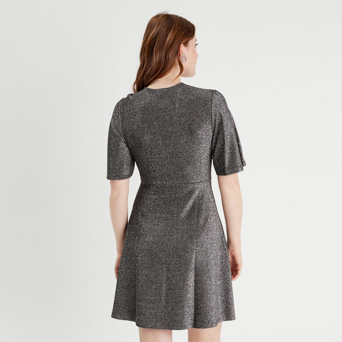 Robe évasée fils métallisés gris argent femme