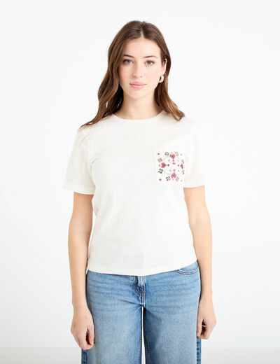 T-shirt col rond manches courtes ecru femme