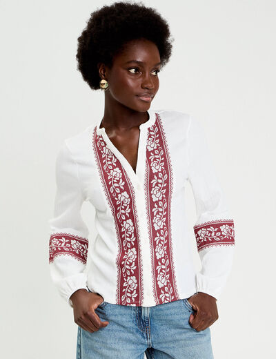 Blouse brod&eacute;e col tunisien ecru femme