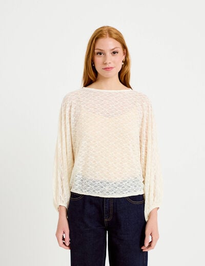 Blouse dentelle col rond manches longues ecru femme