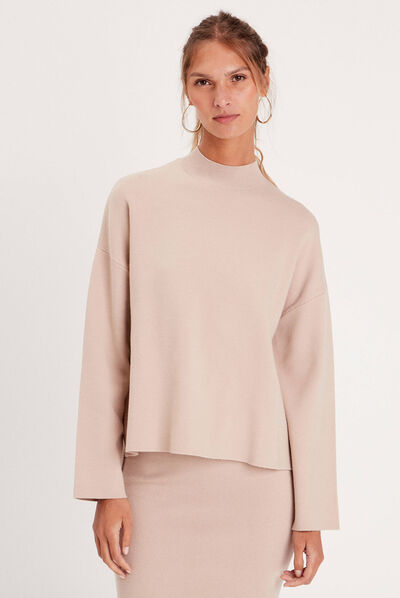 Pull col montant sable femme