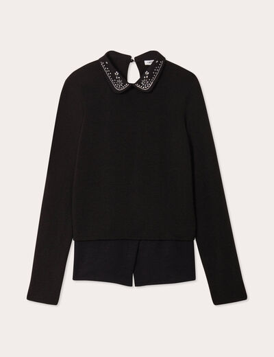 Pull col chemise bijoux noir femme