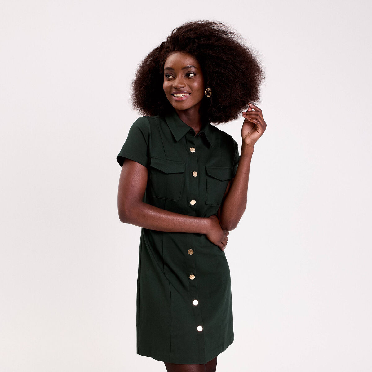 Robe droite boutonn&eacute;e vert fonc&eacute; femme