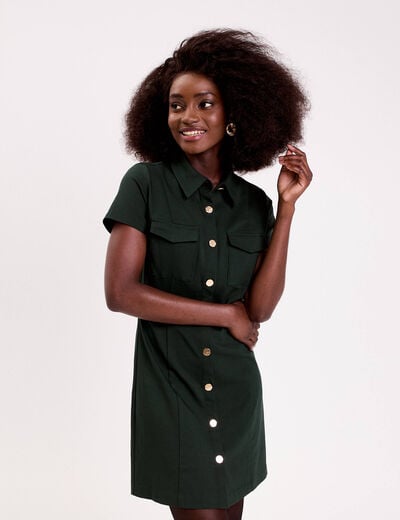 Robe droite boutonn&eacute;e vert fonc&eacute; femme