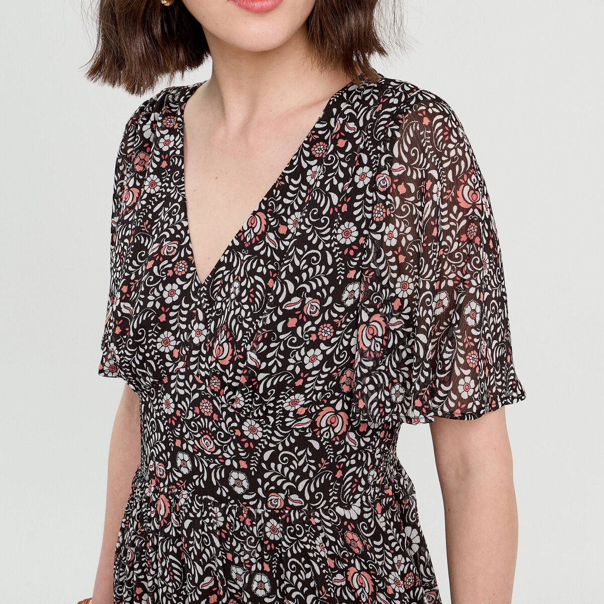 Robe longue évasée col en V noir femme