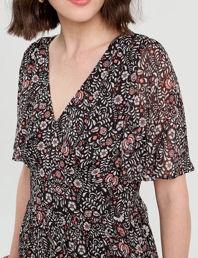 Robe longue évasée col en V noir femme