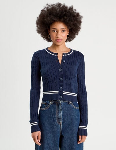 Gilet manches longues ajust&eacute; bleu marine femme