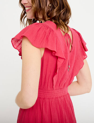 Robe courte &eacute;vas&eacute;e col v manches courtes rose framboise femme