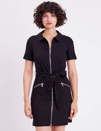 Robe droite zippée ceinturée noir femme