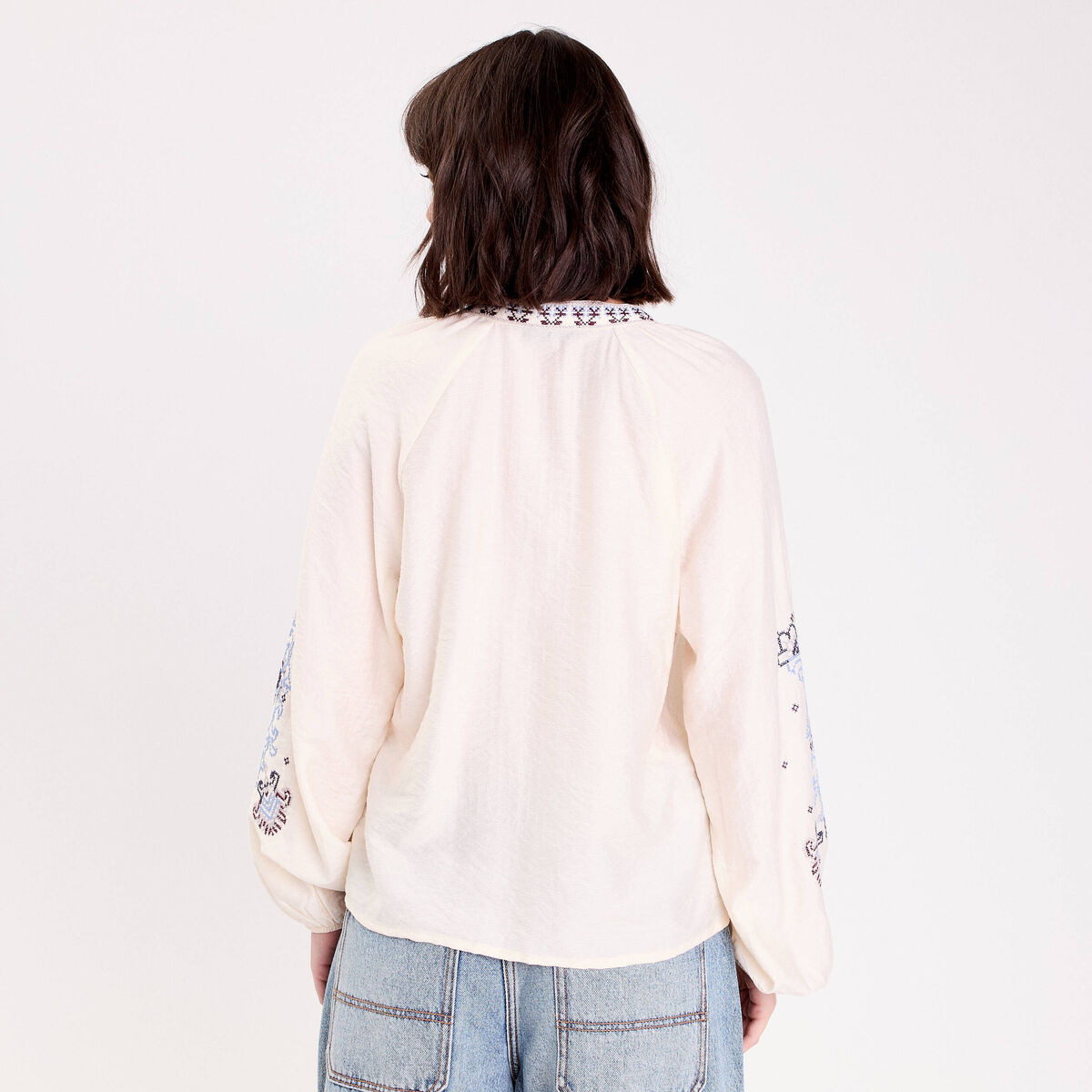 Blouse oversize col v manches longues ecru femme