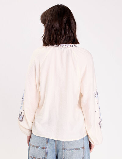 Blouse oversize col v manches longues ecru femme