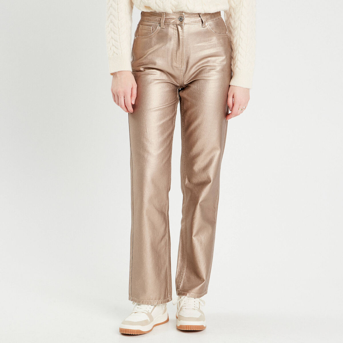 Pantalon droit enduit couleur or femme
