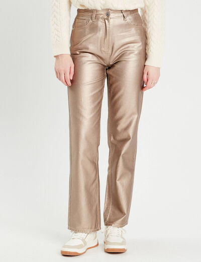 Pantalon droit enduit couleur or femme