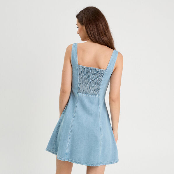 Robe chasuble trapèze en jean denim bleach femme