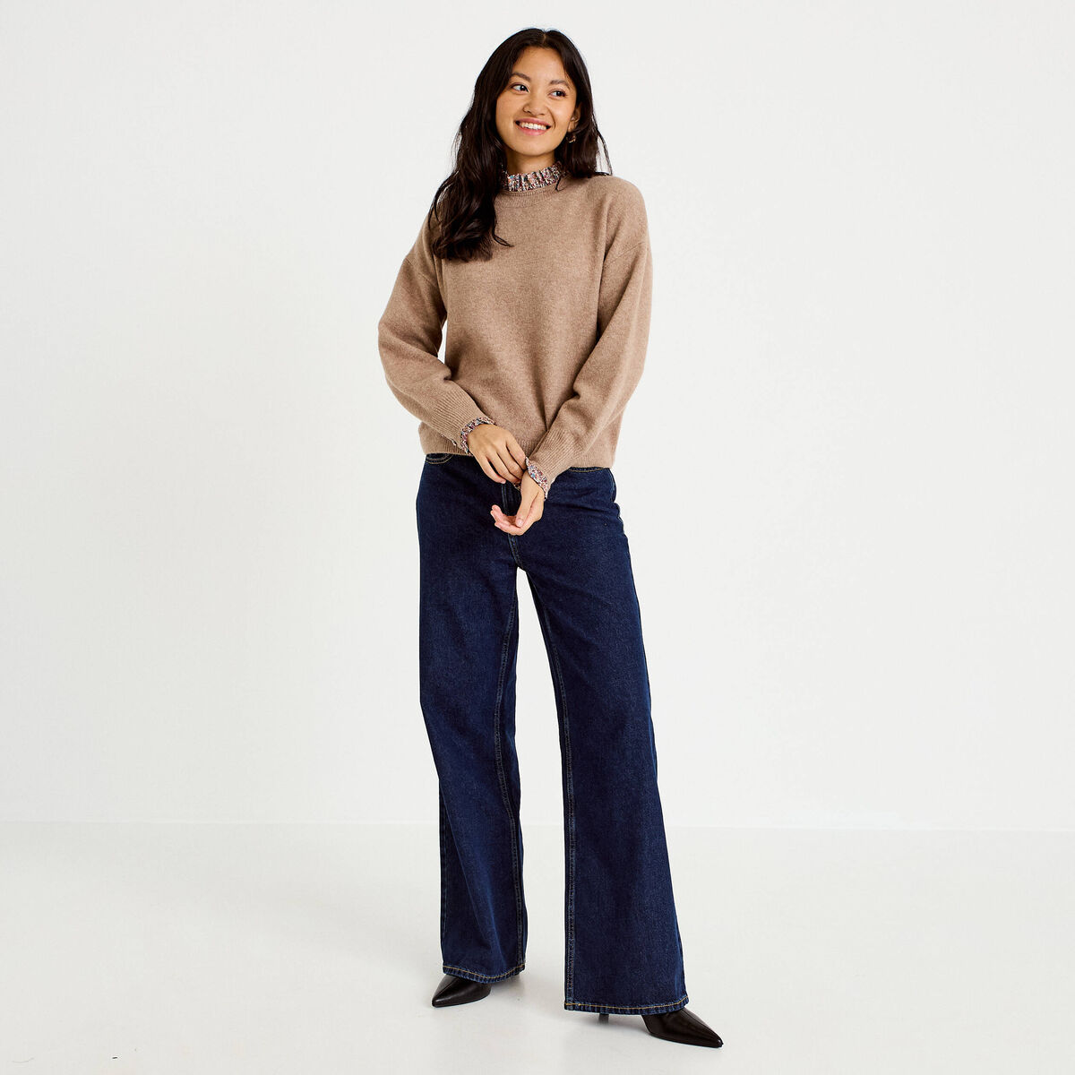 Pull col rond manches longues beige femme