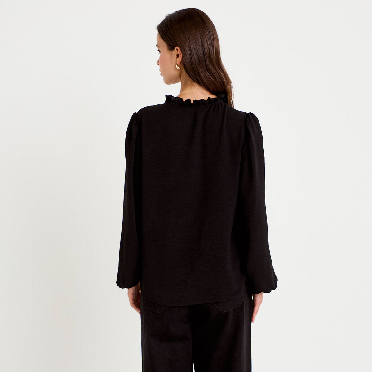 Blouse droite col v manches longues noir femme
