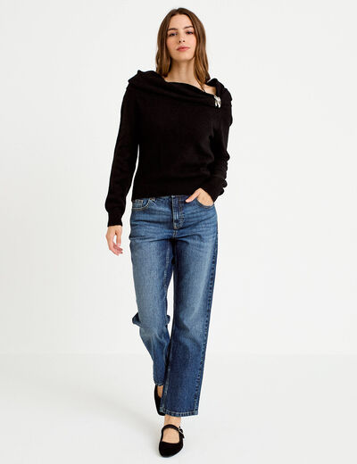 Pull col bardot manches longues noir femme