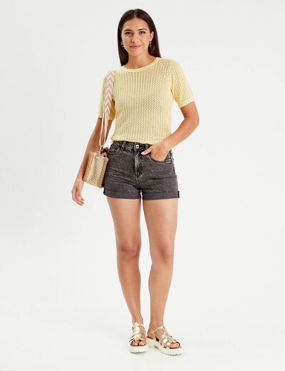 Pull manches courtes ajouré jaune moutarde femme