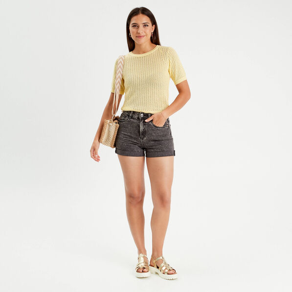 pull manches courtes ajoure jaune moutarde femme Pull manches courtes ajouré jaune moutarde femme