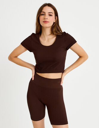 Crop top sans couture col rond marron fonc&eacute; femme