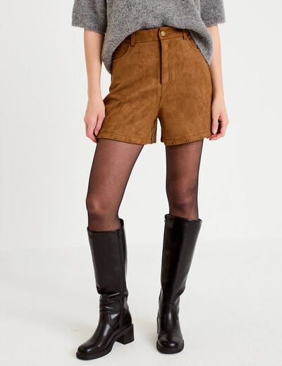 Short taille haute aspect daim clout&eacute; camel femme