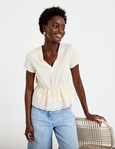 Blouse droite col v manches courtes ecru femme