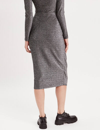 Jupe midi moulante drapée gris argent femme