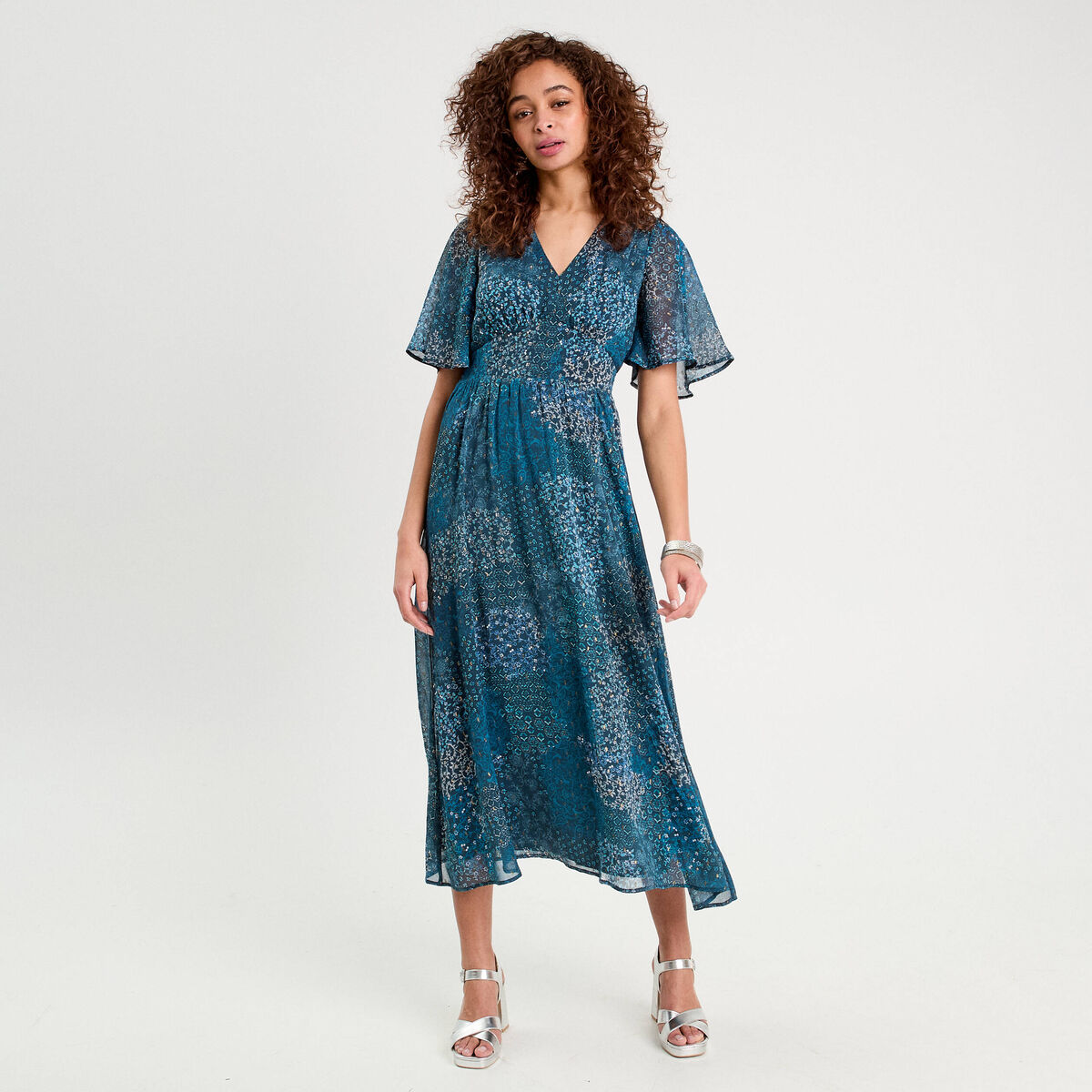 Robe longue évasée col en V bleu foncé femme