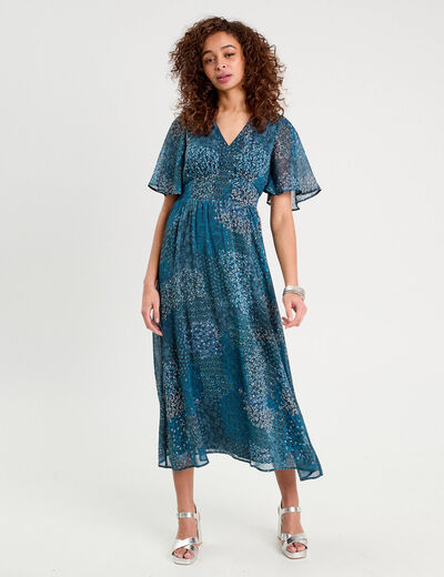 Robe longue évasée col en V bleu foncé femme