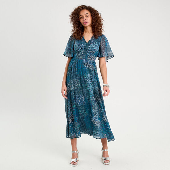 Robe longue évasée col en V bleu foncé femme