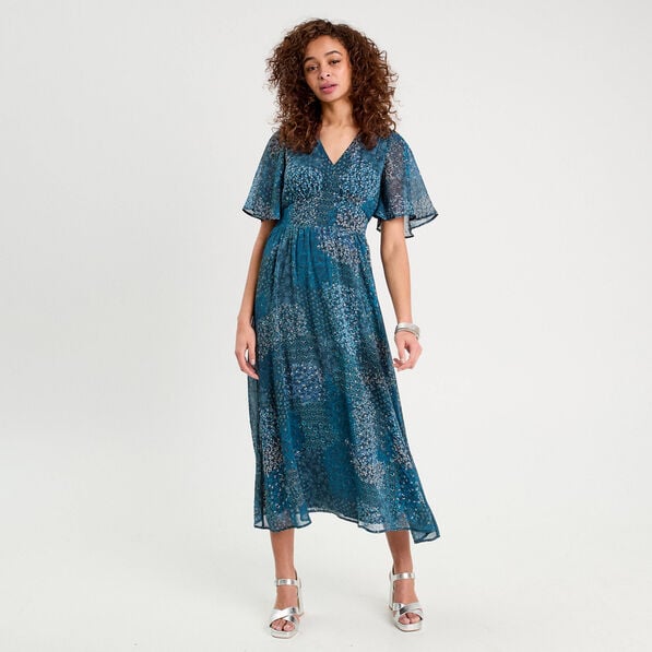robe longue evasee col en v bleu fonce femme Robe longue évasée col en V bleu foncé femme