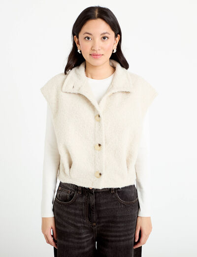 Veste bouclette sans manches col montant sable femme