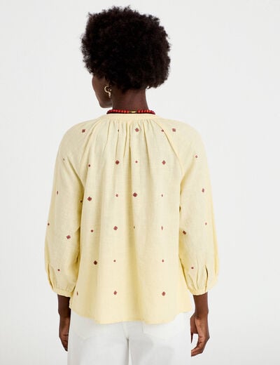 Blouse ample col tunisien manches 3/4 jaune pastel femme