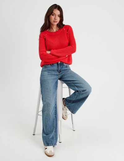 Pull avec boutons épaules rouge femme