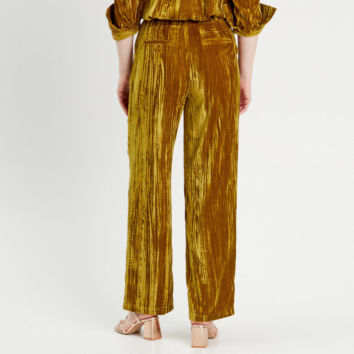 Pantalon large fluide velours vert olive femme