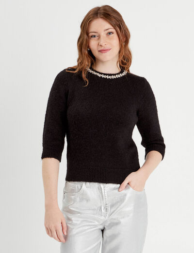 Pull manches courtes noir femme