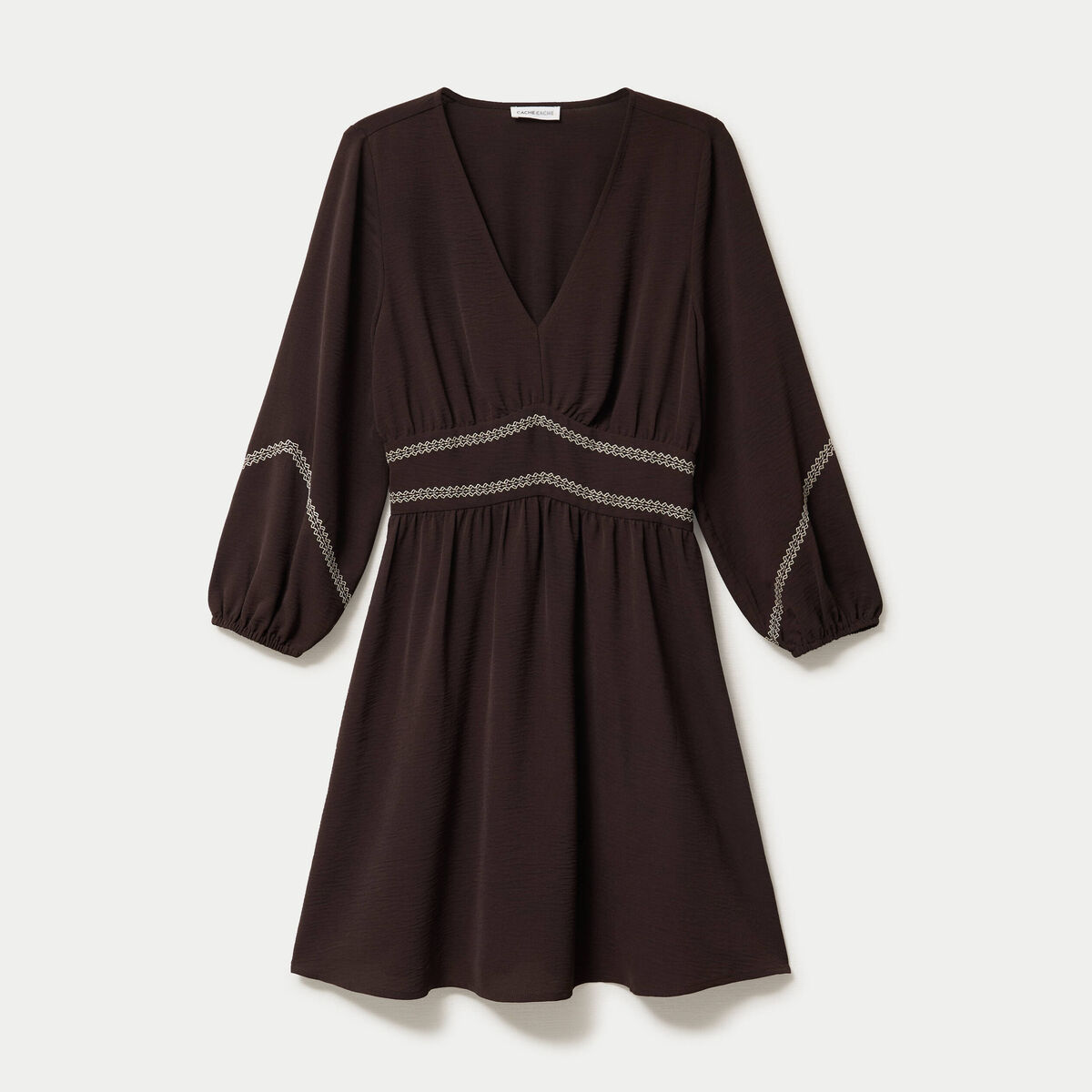 Robe courte &eacute;vas&eacute;e col v manches 3/4 marron fonc&eacute; femme