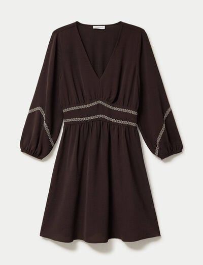 Robe courte &eacute;vas&eacute;e col v manches 3/4 marron fonc&eacute; femme